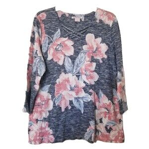 Allison Daley Blouse Womens Floral Gray Large Pink 3/4 Qtr Sleeve Vneck